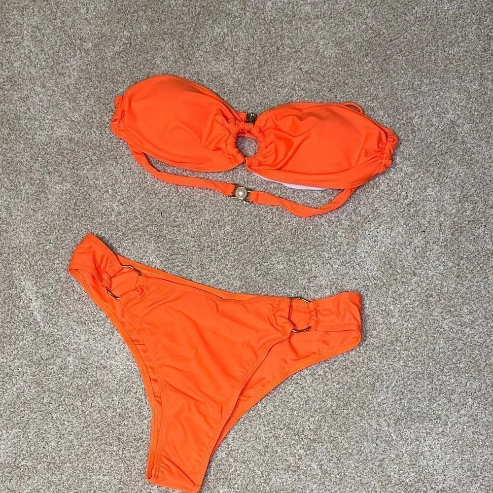 O-Ring Ruched Halter Bikini Set Orange